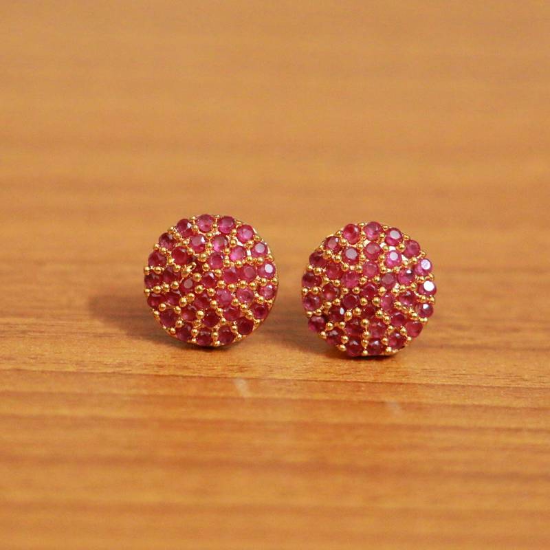 Mens 7mm Gold Stainless Steel Stud Earrings With Red Cubic Zirconia